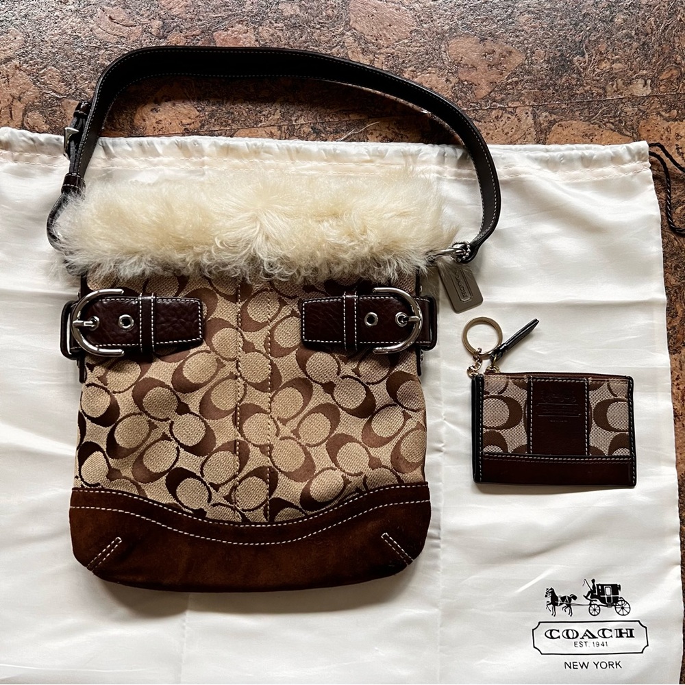 Coach Signature C Bag with Shearling Trim and Key Card Holder